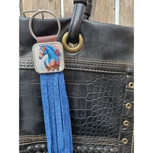 Handmade horse flag boho Leather Fringe Western bag charm, Long fringe keychain